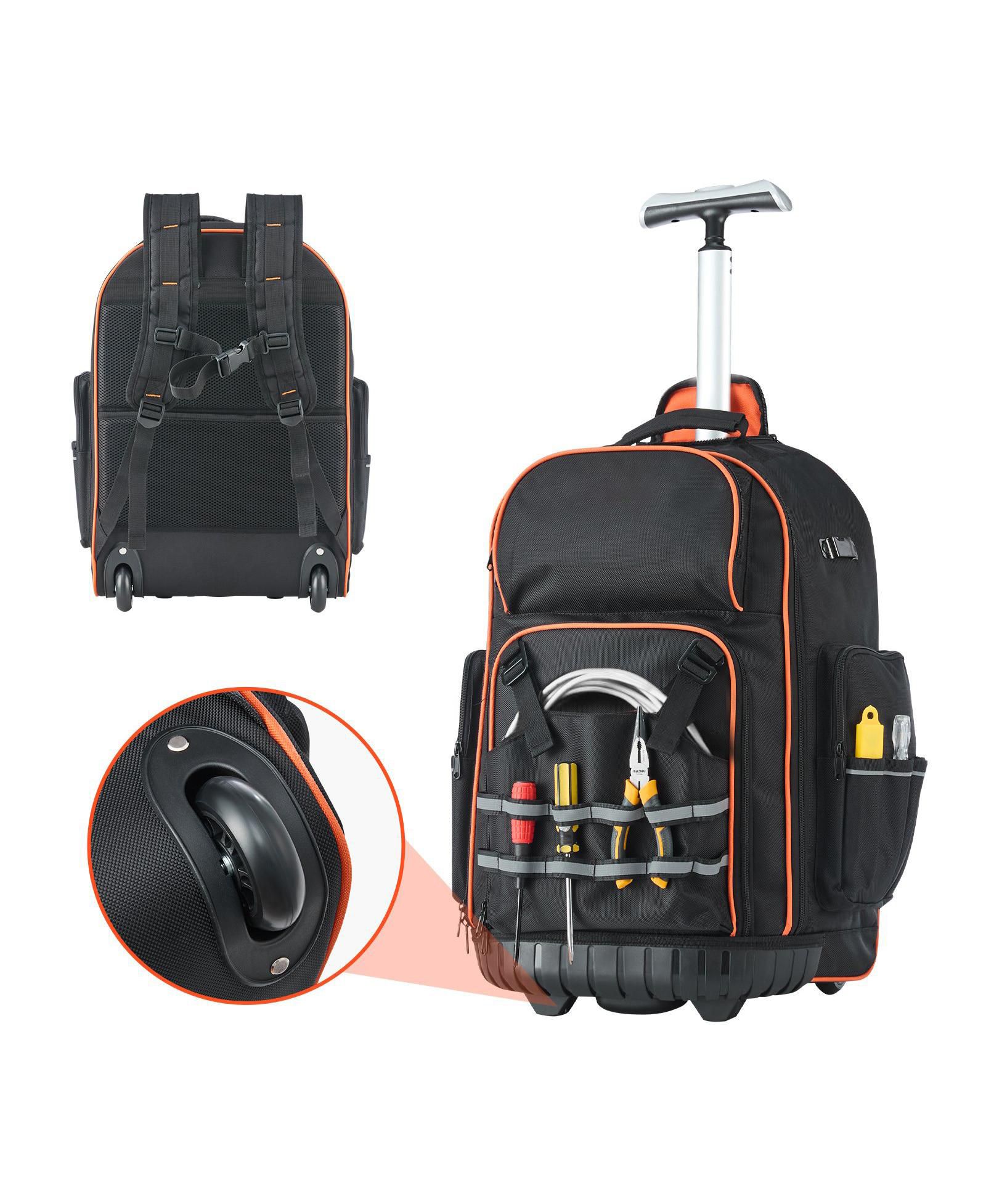 Mecale Rolling Tool Backpack on Wheels, 110 lb Capacity, 72 Pockets, Heavy-Duty Tool Organizer, Telescoping Handle, Stable Base