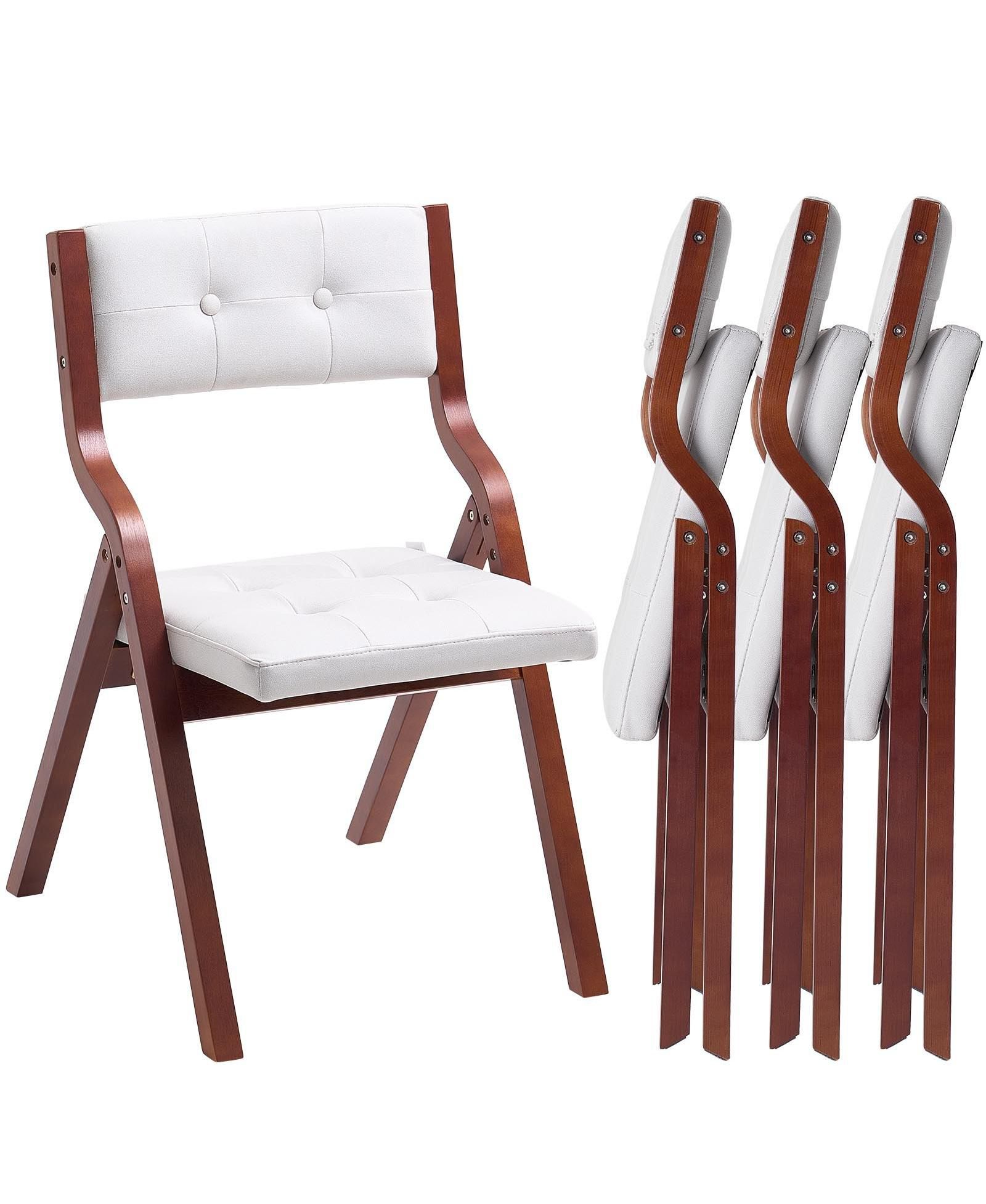 Mecale Set of 4 Wooden Folding Chairs with Cushion, Portable Foldable Padded Dining Chairs with Wooden Frame, White