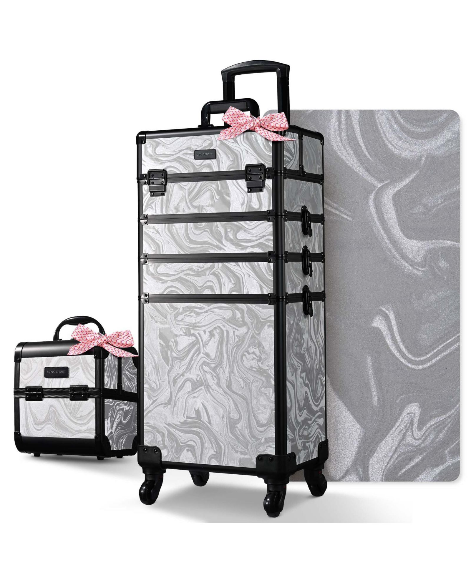 Byootique Makeup Train Case with Portable Cube Case Cosmetic Organizer Graystone