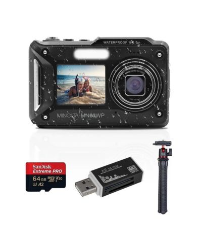 Minolta MN60WP 48MP 4K Dual LCD Digital Camera, Black, w/64GB Card and Tripod