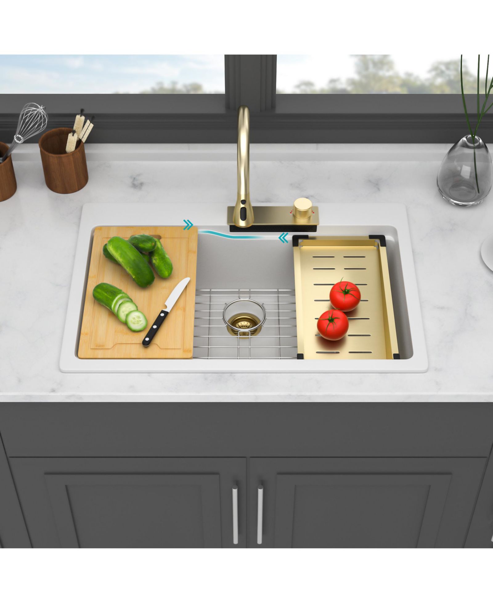 flynama 33x22x10inch White Composite Granite Quartz Drop In Single Bowl Workstation Waterfall Kitchen Sink with Pull Down Faucet