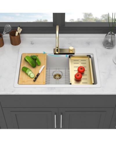 flynama 33x22x10inch White Composite Granite Quartz Drop In Single Bowl Workstation Waterfall Kitchen Sink with Pull Down Faucet