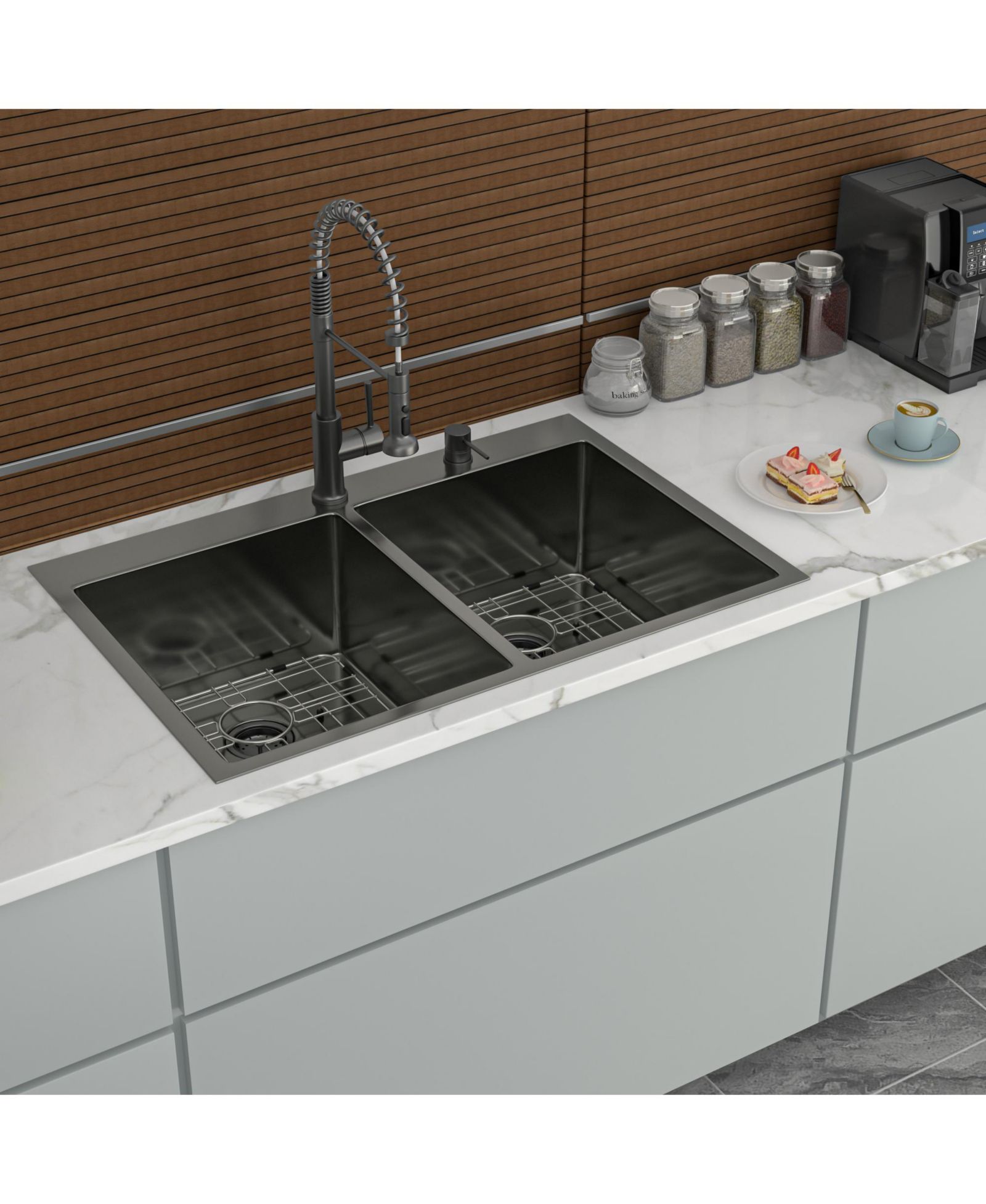 Flynama 33" x 22" Gunmetal Black Double Bowl Drop-In Kitchen Sink, 16-Gauge T304 Nano Stainless Steel, Two 10" Deep Basins