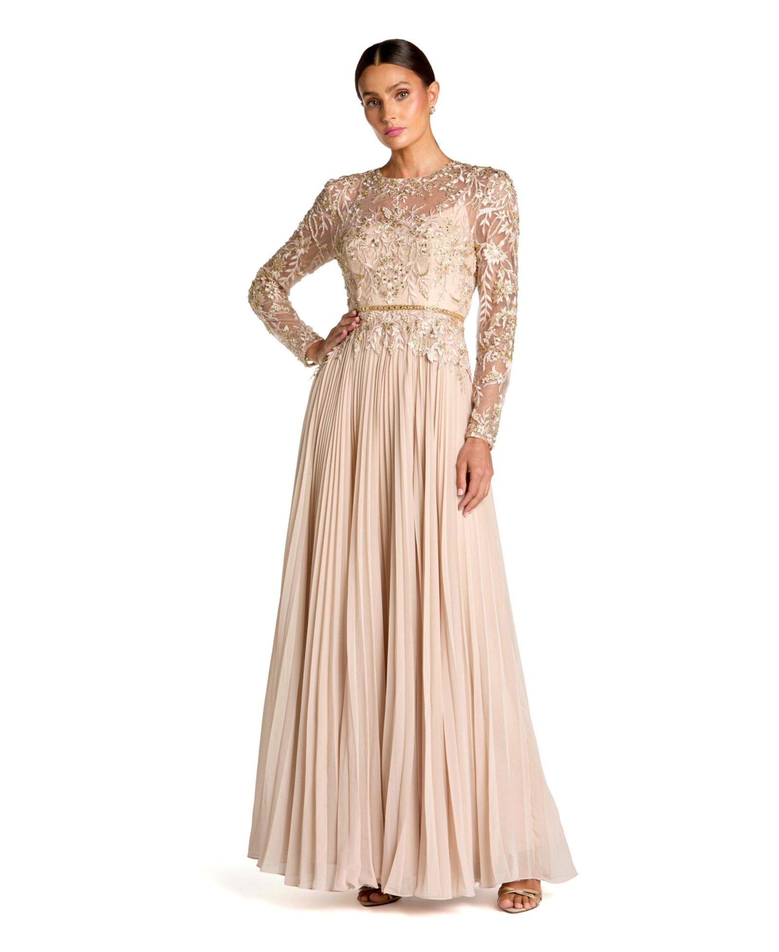 Mac Duggal Petite Long Sleeve Chiffon Embellished Gown