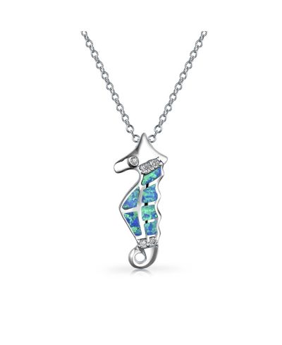 Bling Jewelry Sea Creature Nautical Created Blue Opal Seahorse Pendant Necklace .925 Sterling Silver