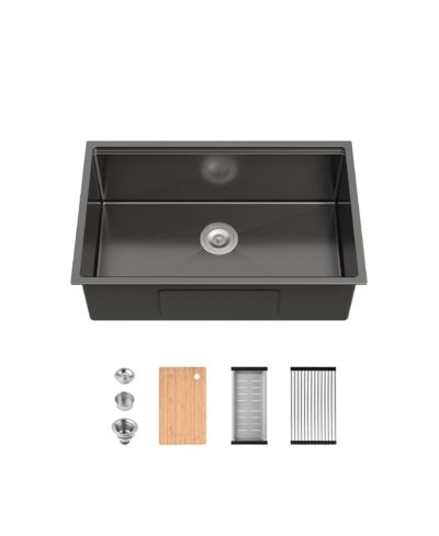 flynama 30inch Undermount Single Bowl Black 304 Stainless Steel Handmade Kitchen Sink with Cutting Board and Colander