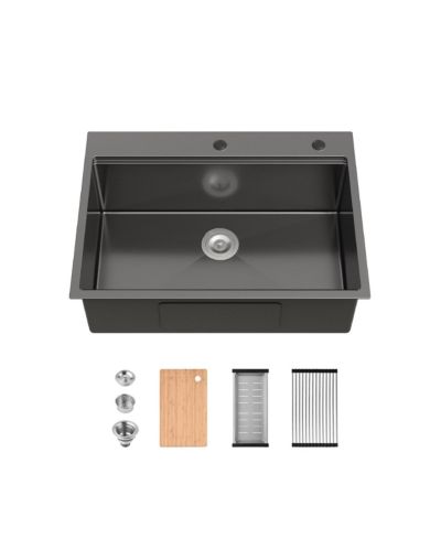 flynama 30x22inch Black Stainless Steel Kitchen Sink Single Bowl Overmount Handmade