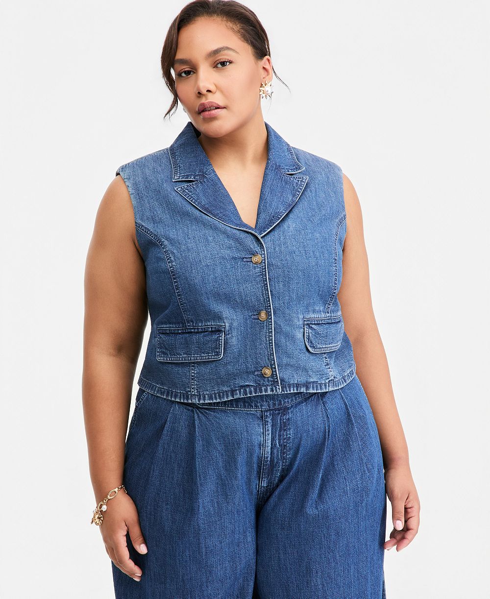 Джинсовый жилет On 34th Trendy Plus Size Notched-Collar Button-Front