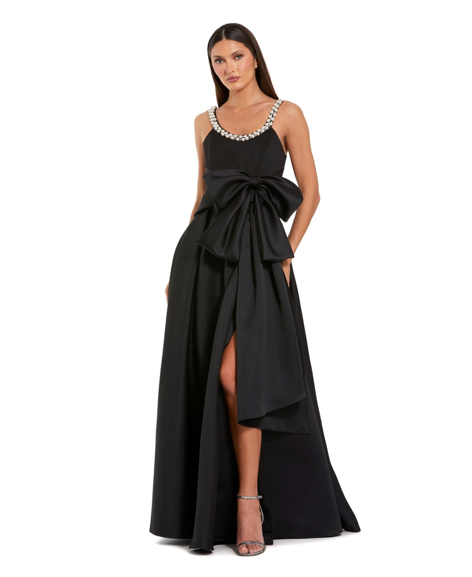Mac Duggal Petite Satin Gown With Pearl Neckline and Bow Detail