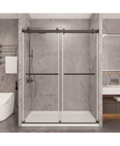 LOVMOR 56 to 60in W x 76in H Frameless Shower Door Double Sliding Shower Door with Premium 6mm Thick Tempered Glass Stainless Steel Matte Sliver