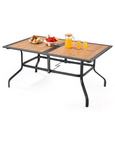 Mecale 59" Rectangular Outdoor Patio Dining Table, Wood-Like Steel Slat Bistro Table for 4-6 with 1.5" Umbrella Hole, Brown