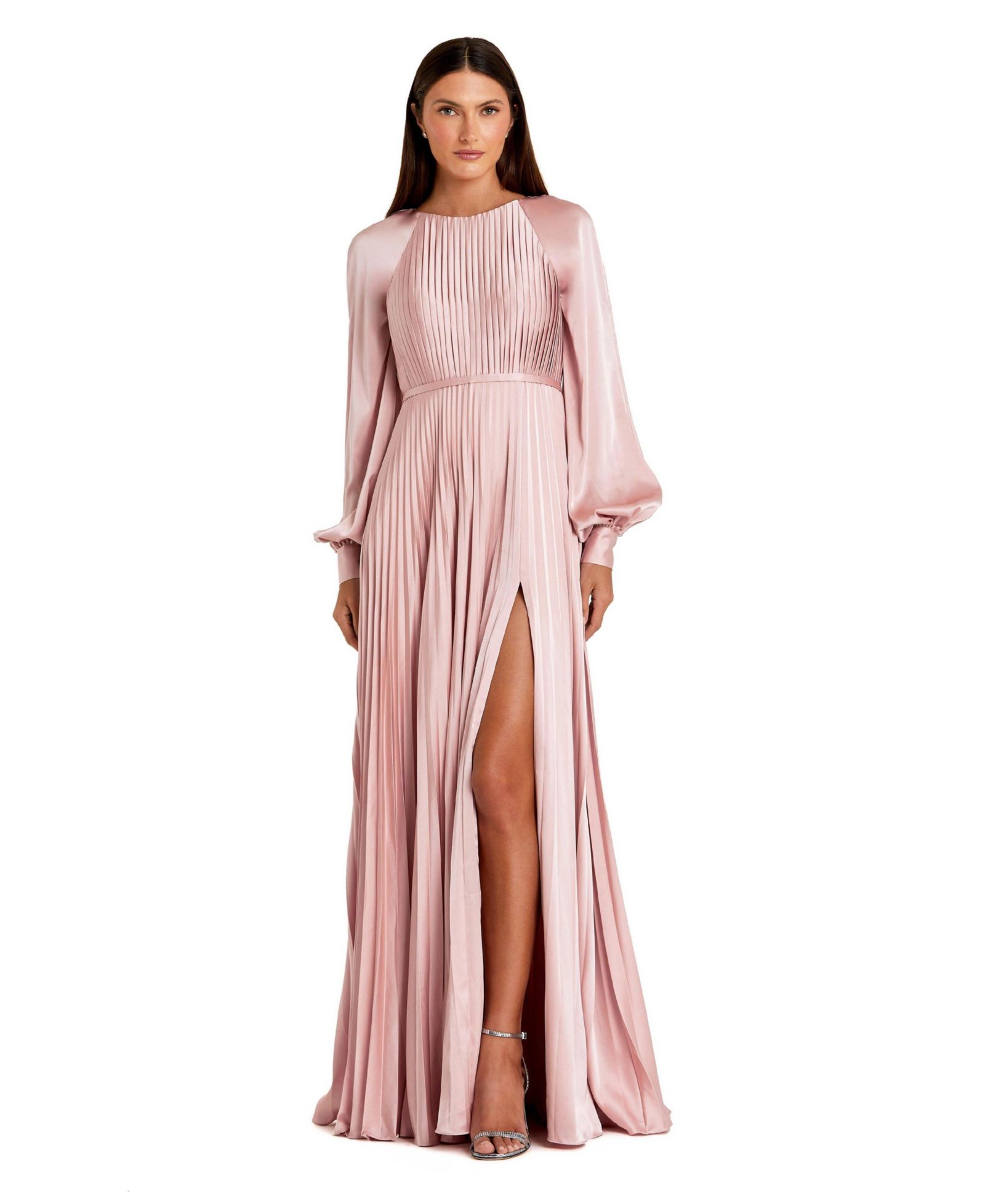 Mac Duggal Petite Long Sleeve Pleated High Neck Gown With Slit Dress