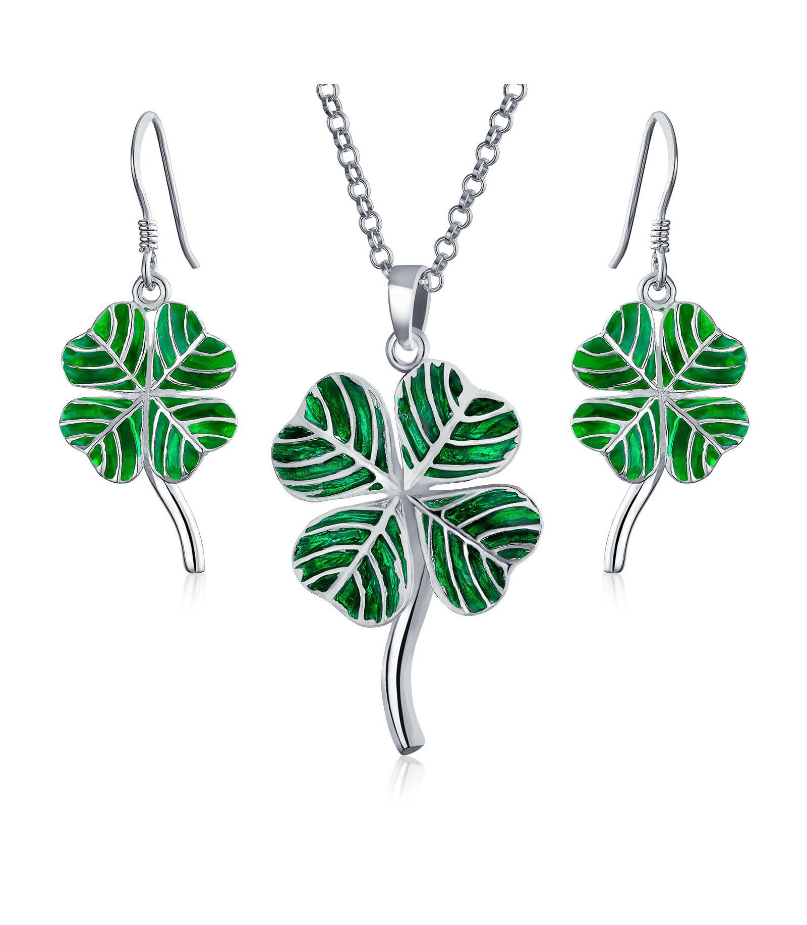 Комплект ювелирных изделий Bling Jewelry с кулоном в виде зеленого клевера на удачу,.925 Sterling Silver