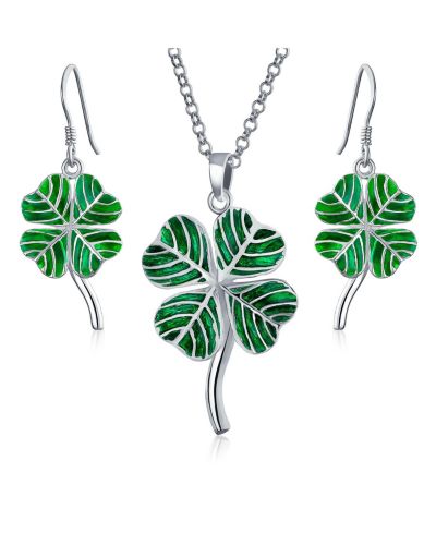 Комплект ювелирных изделий Bling Jewelry с кулоном в виде зеленого клевера на удачу,.925 Sterling Silver