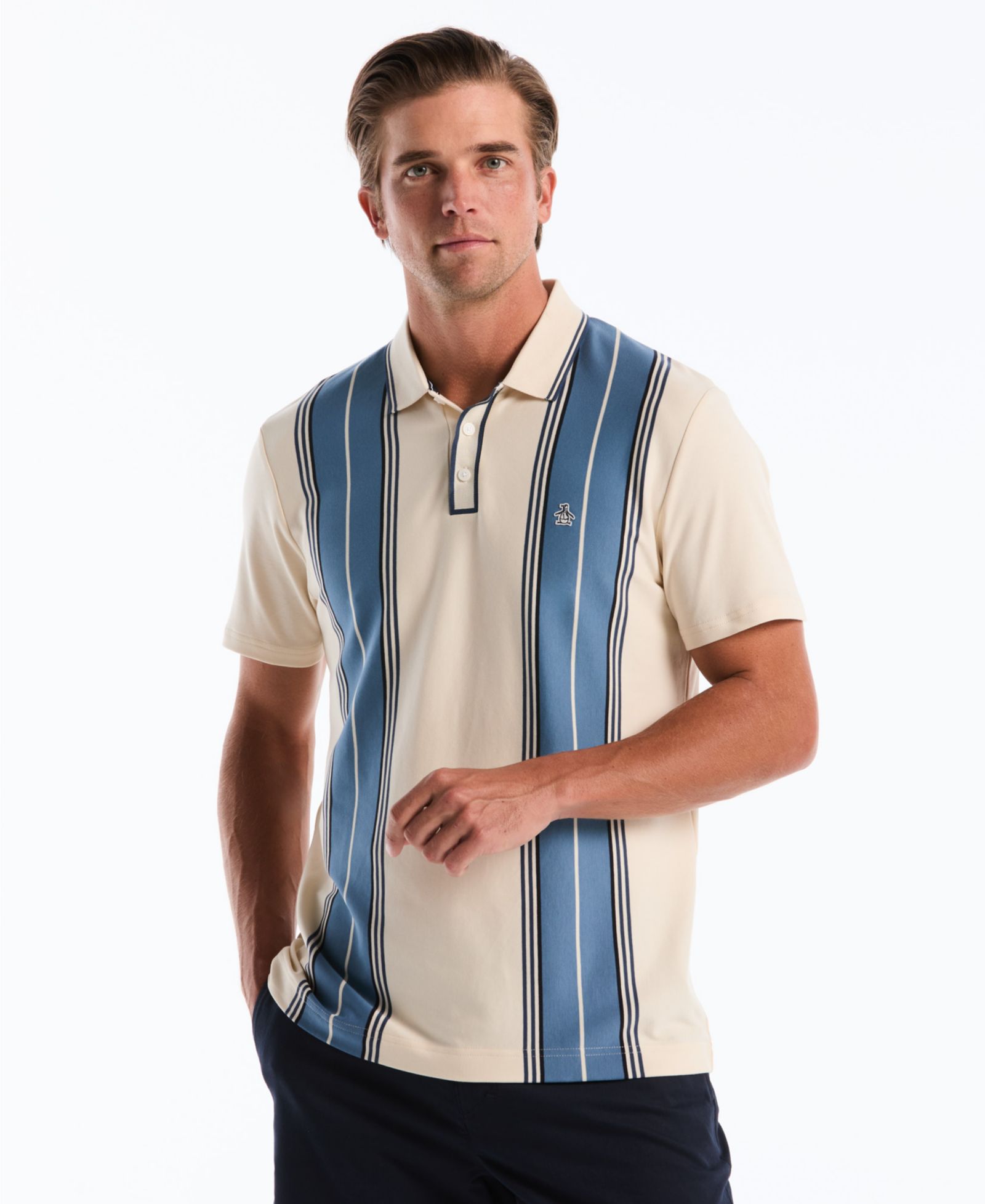 Original Penguin Men's Cotton Jacquard Vertical Stripe Short-Sleeve Polo Shirt