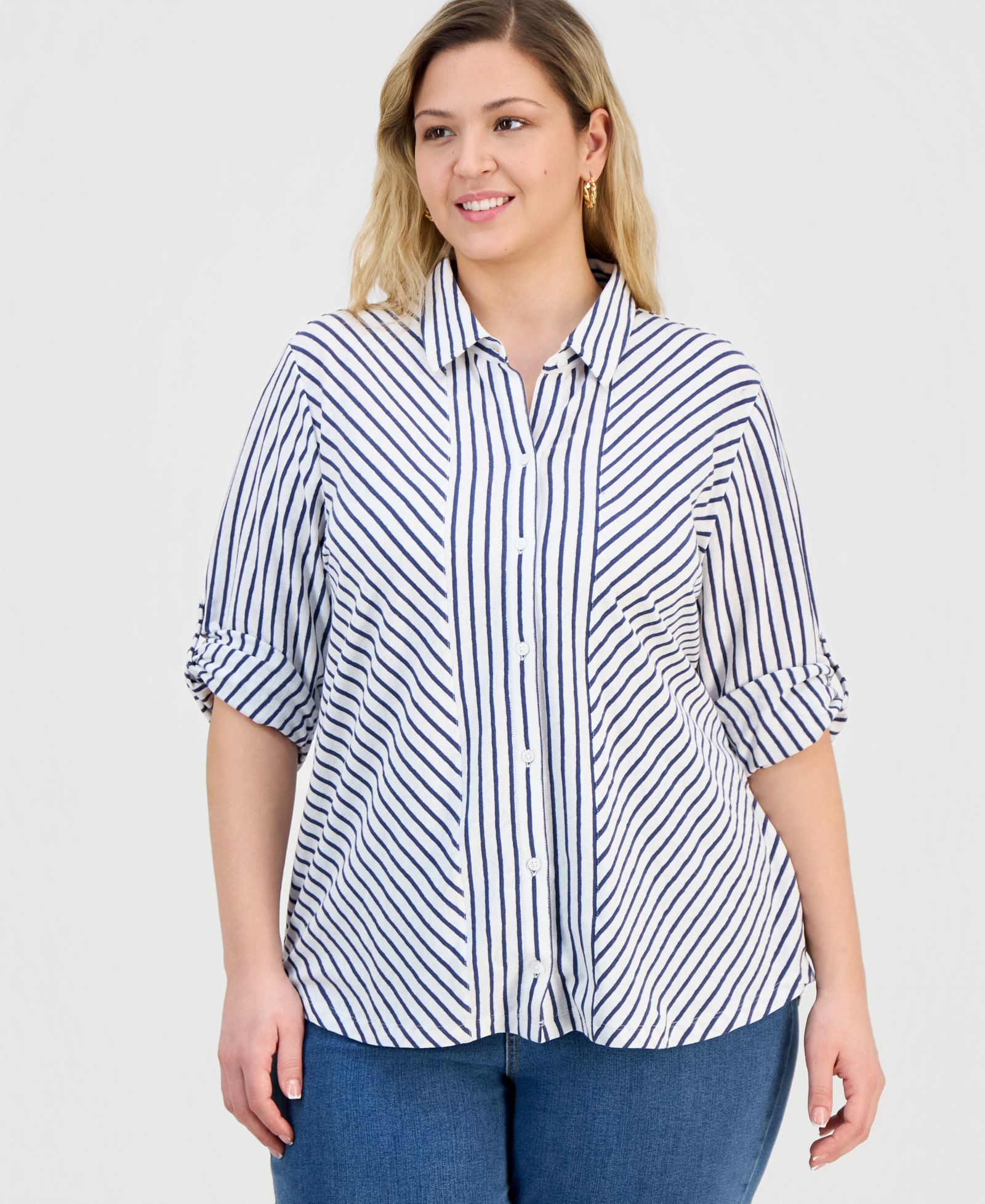 Style & Co Plus Size Striped Knit Button-Front Shirt, Macy's Exclusive