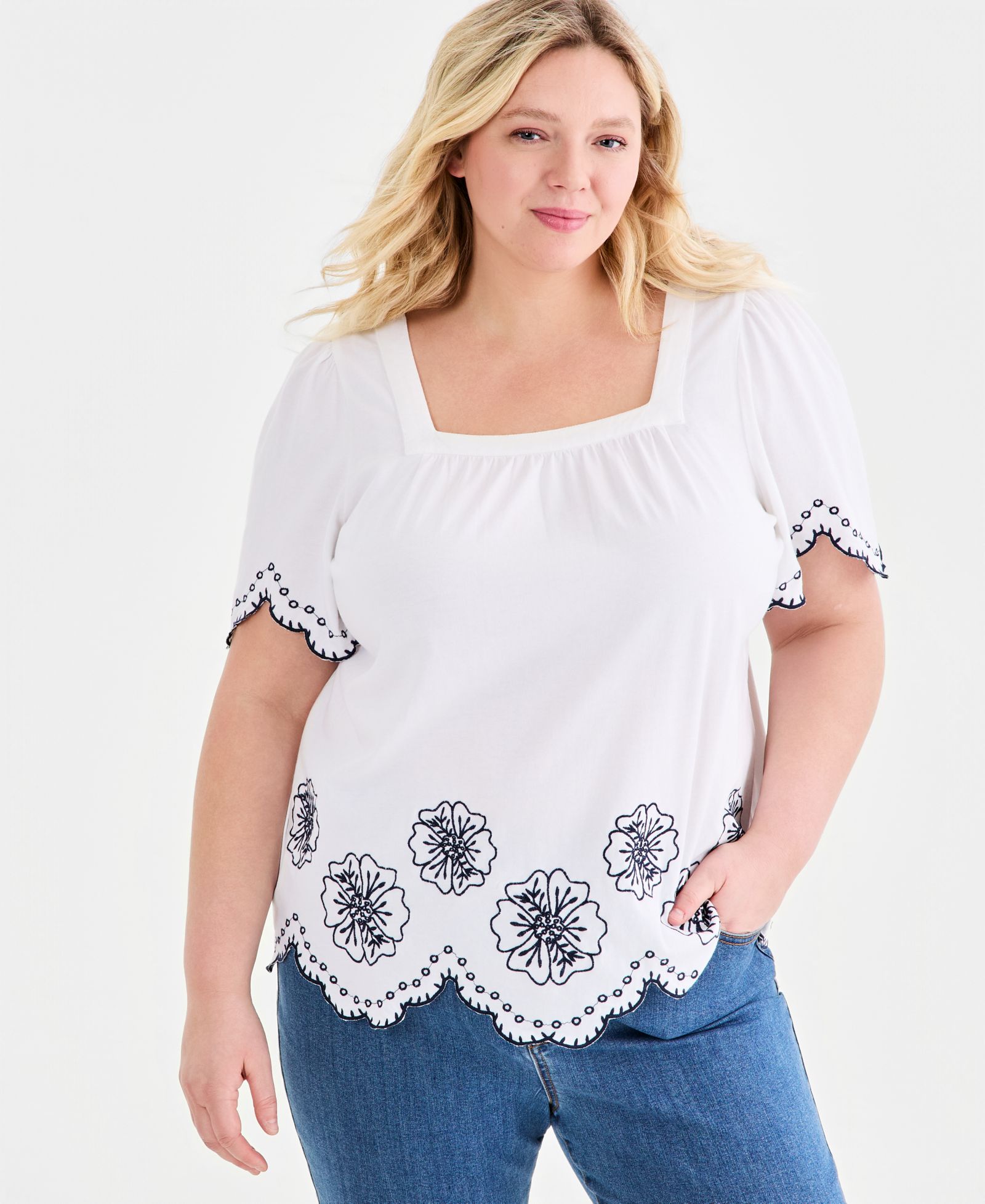 Топ Style & Co Plus Size Scallop Embroidered-Trim Square-Neck