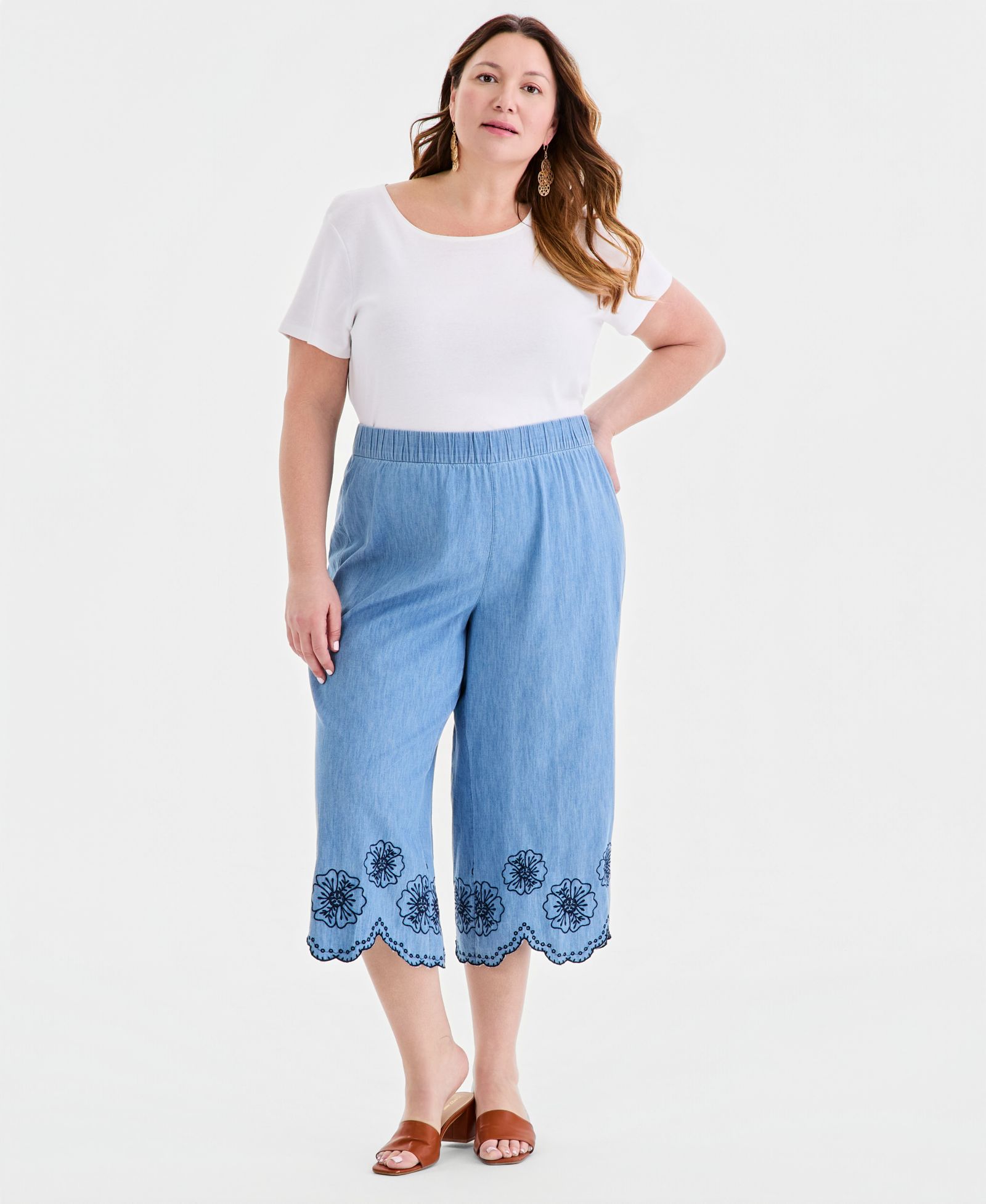 Style & Co Plus Size Cotton Chambray Embroidered-Hem Capri Pants, Macy's Exclusive