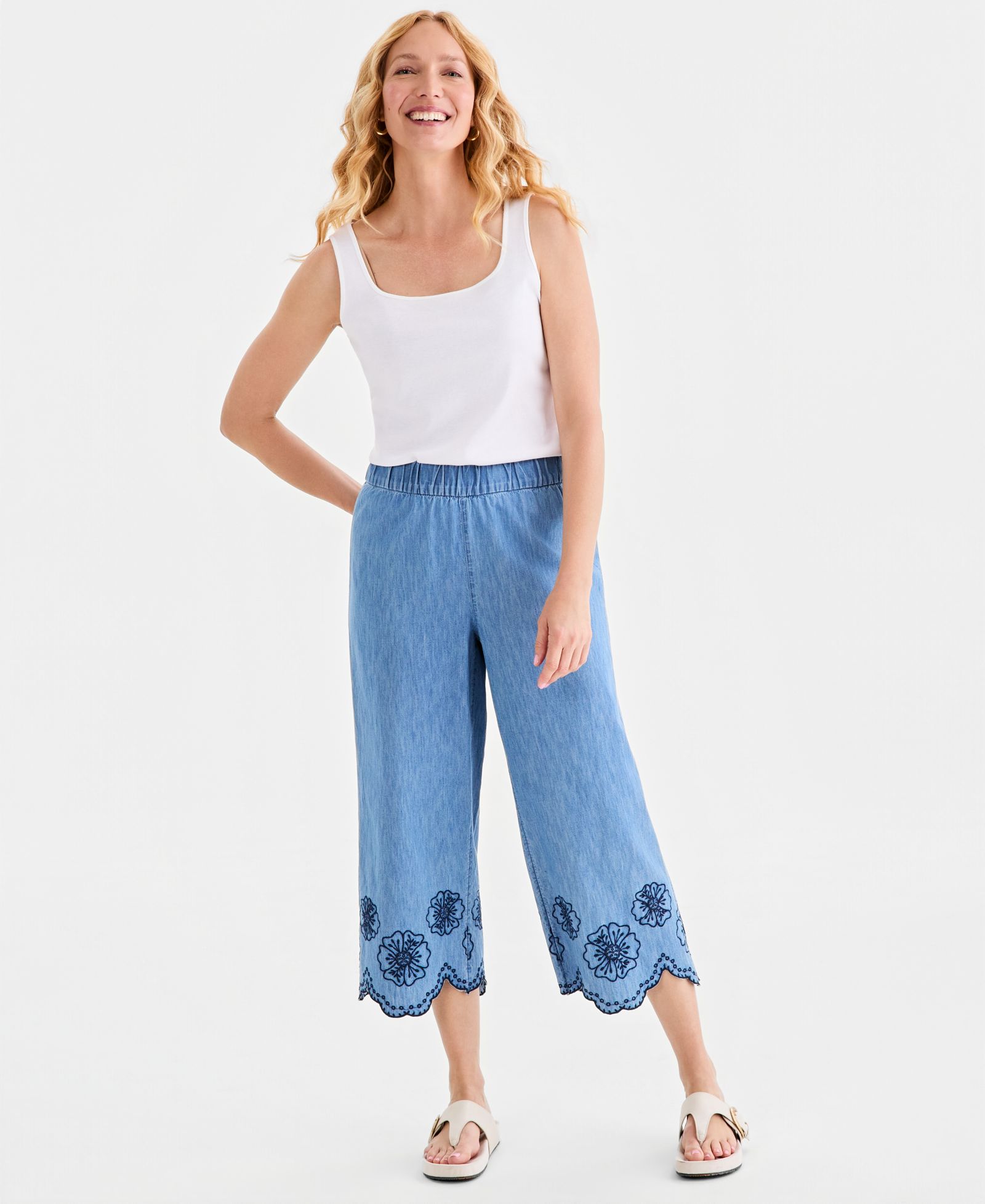 Style & Co Women's Cotton Chambray Embroidered-Hem Capri Pants, Macy's Exclusive
