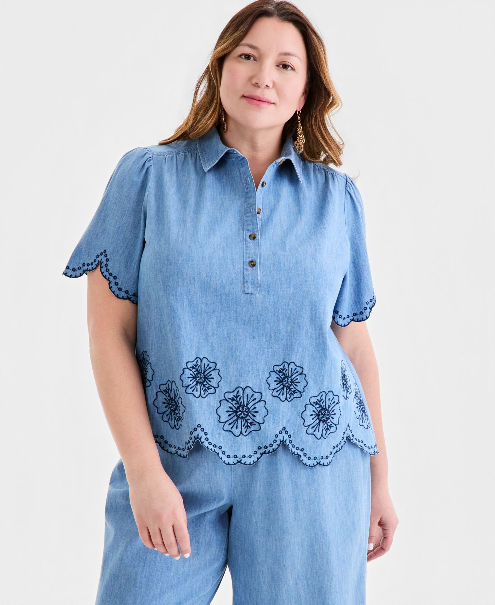 Style & Co Plus Size Рубашка Eyelet с вышитым фестончатым краем