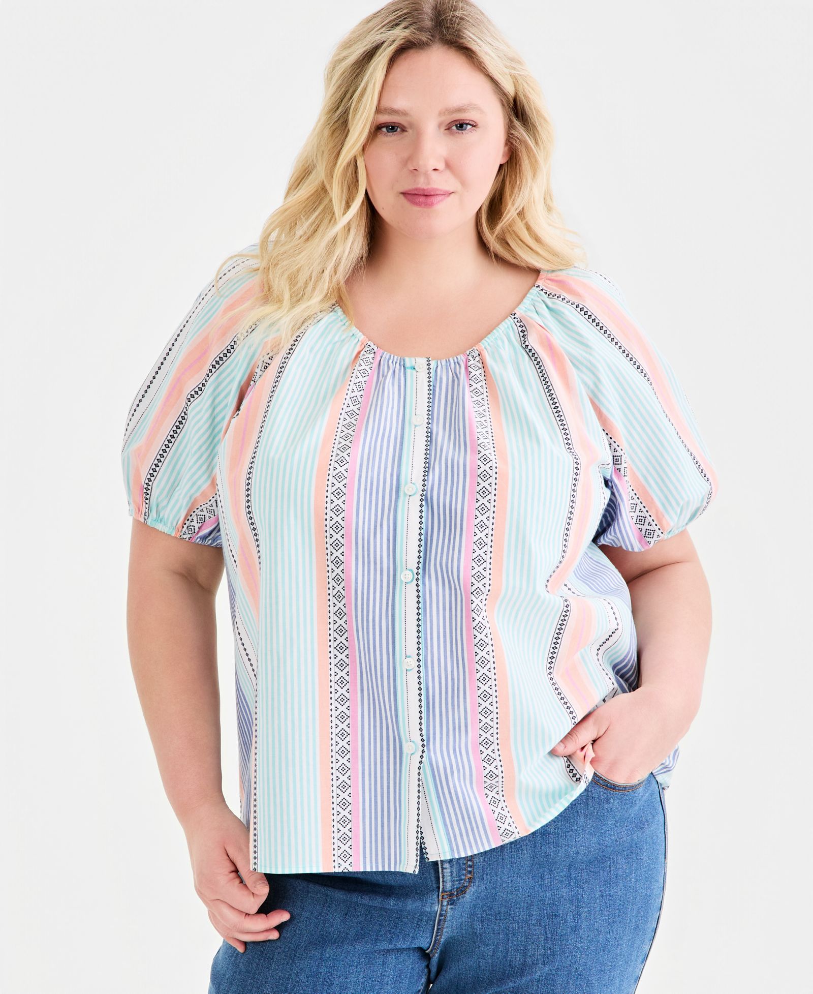 Женский топ Style & Co Plus Size Cotton Button-Front Puff-Sleeve
