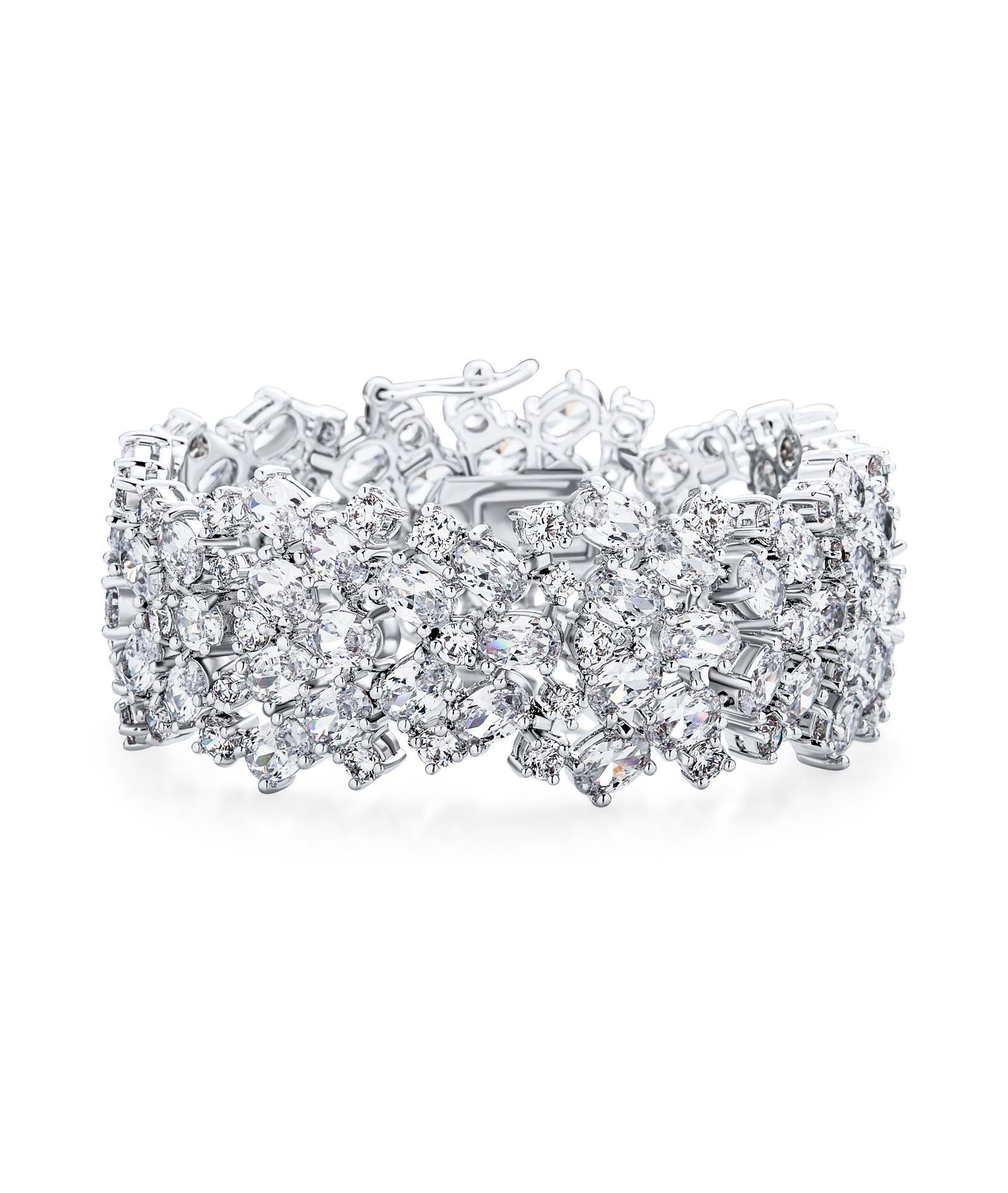 Bling Jewelry Bridal Special Occasion Jewelry Multi Row Cluster Design Cubic Zirconia CZ Wide Statement Bracelet