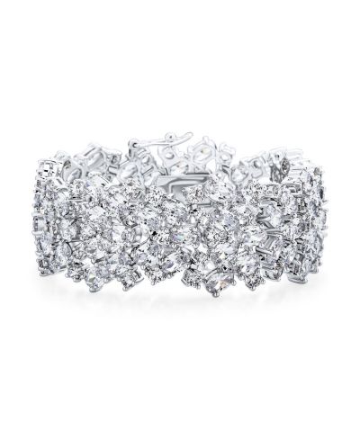 Bling Jewelry Bridal Special Occasion Jewelry Multi Row Cluster Design Cubic Zirconia CZ Wide Statement Bracelet