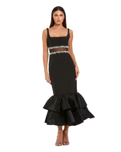 Платье миди Mac Duggal Petite Crepe с отделкой камнями и рюшем