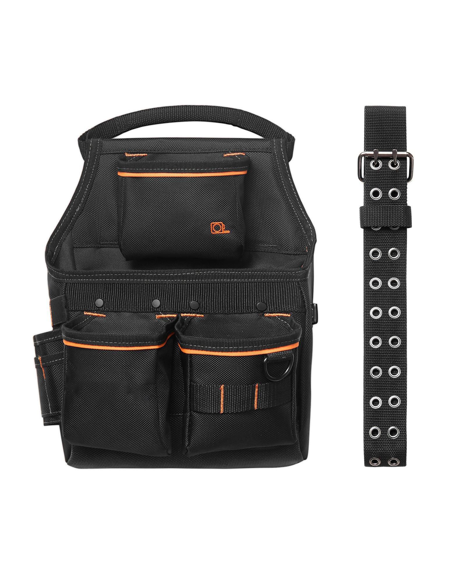 Mecale Tool Pouch with Belt, 14 Pockets Heavy-Duty Tool Belt Pouch, Detachable Adjustable Utility Work Bag, Waist 32–50 in