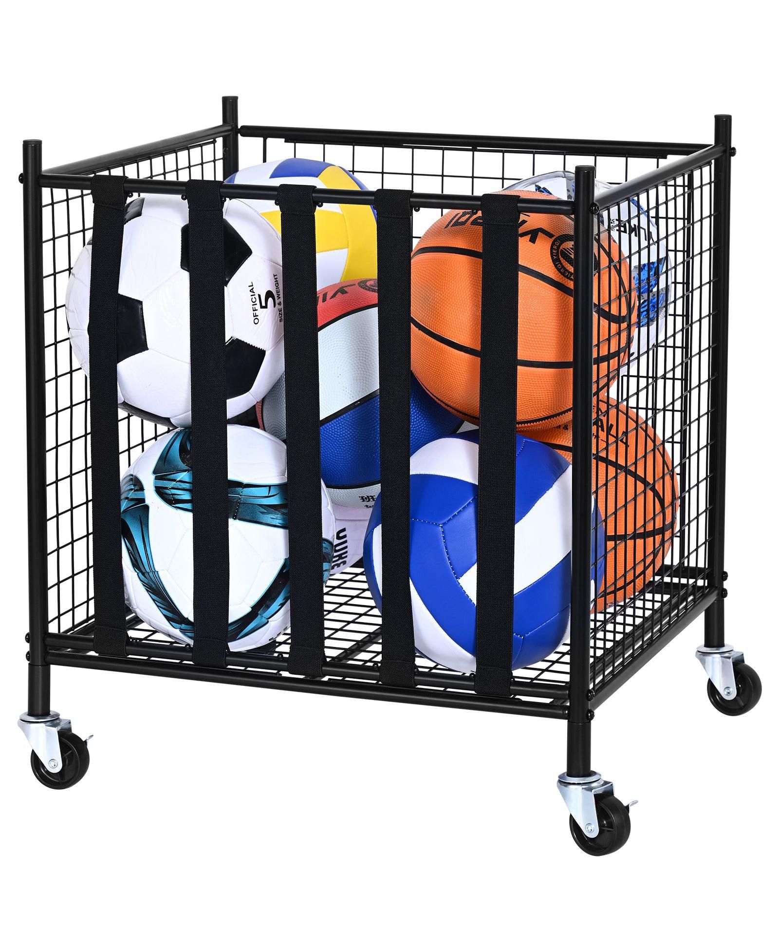 Mecale Rolling Sports Ball Storage Cart, Lockable Basketball Cage, Elastic Straps, Steel Equipment Organizer for Indoor or Outdoor Use