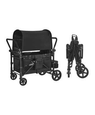 Mecale Wagon Stroller for 4 Kids, Collapsible Push Pull Quad Stroller with Adjustable Handle, 5-Point Harness, Removable Canopy, Black, 330 lbs Load