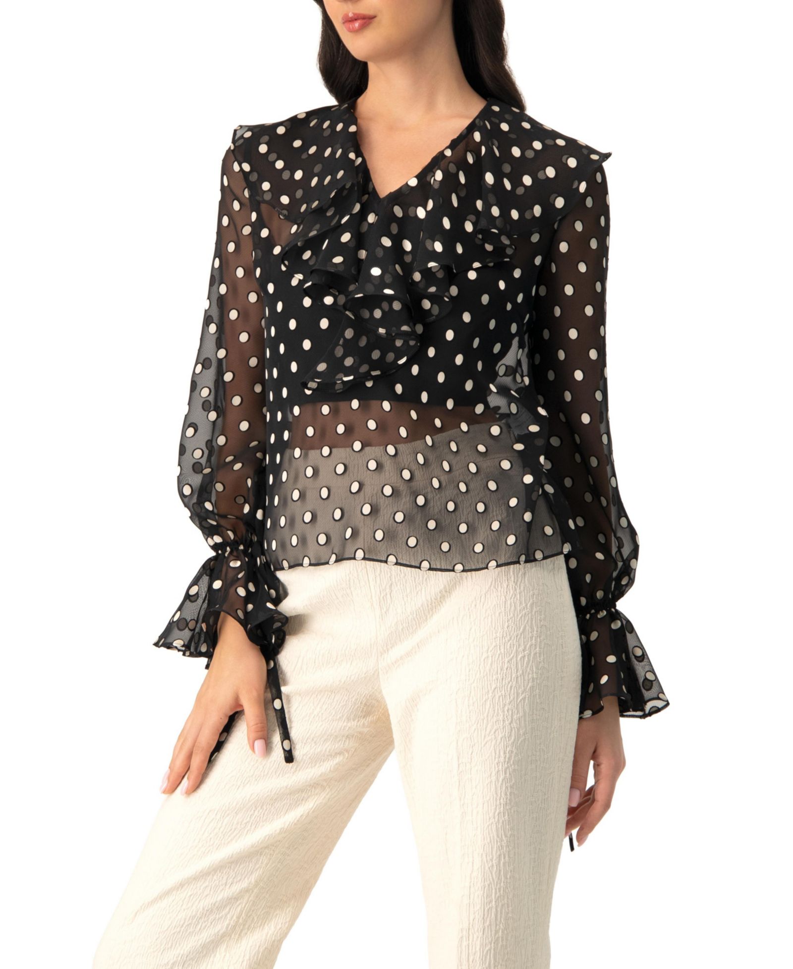 Ivonne Women's See-Through Polka Dot V-Neck Blouse