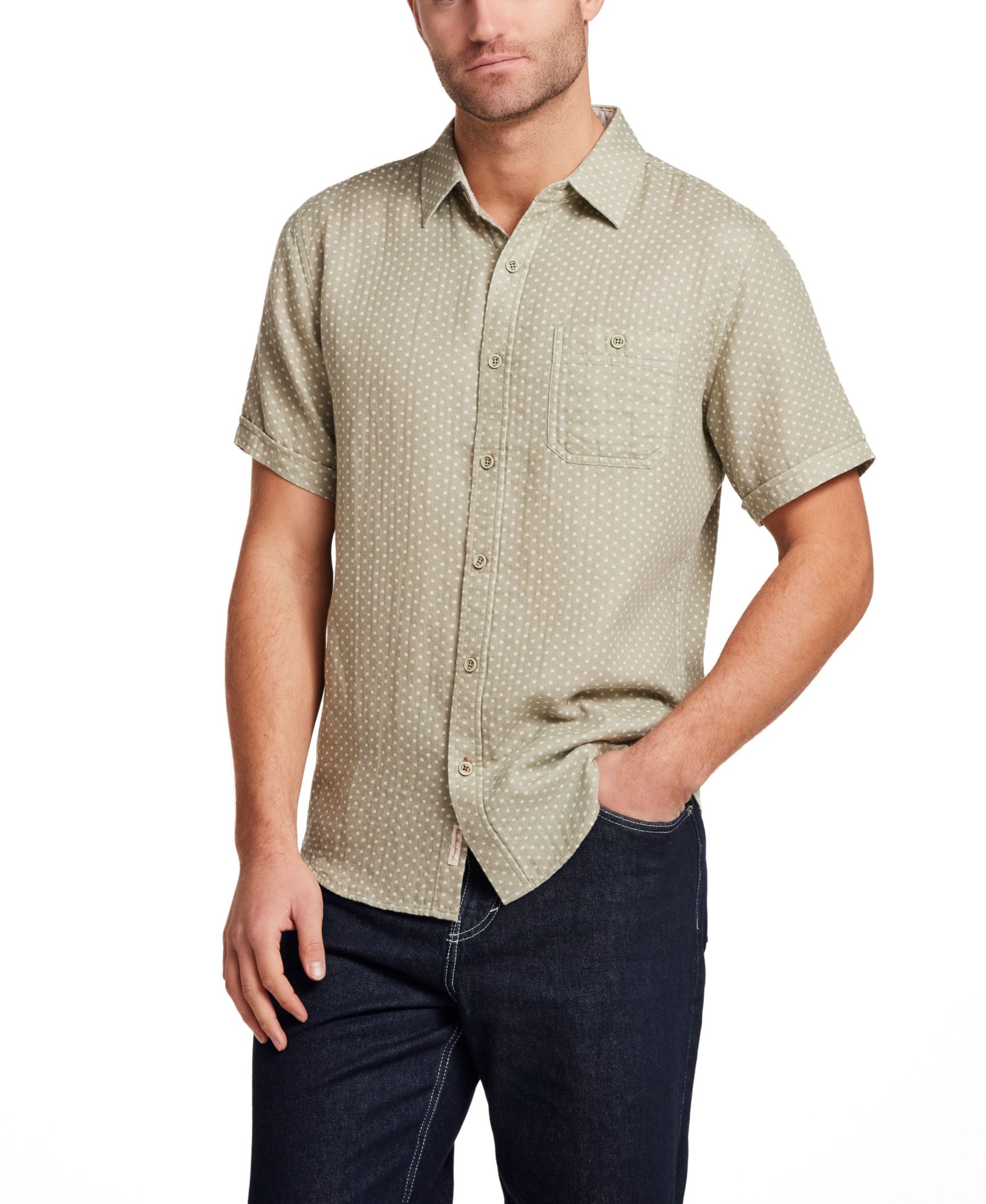 Weatherproof Vintage Men's Short-Sleeve Button Down Double Layer Cotton Dobby Shirt