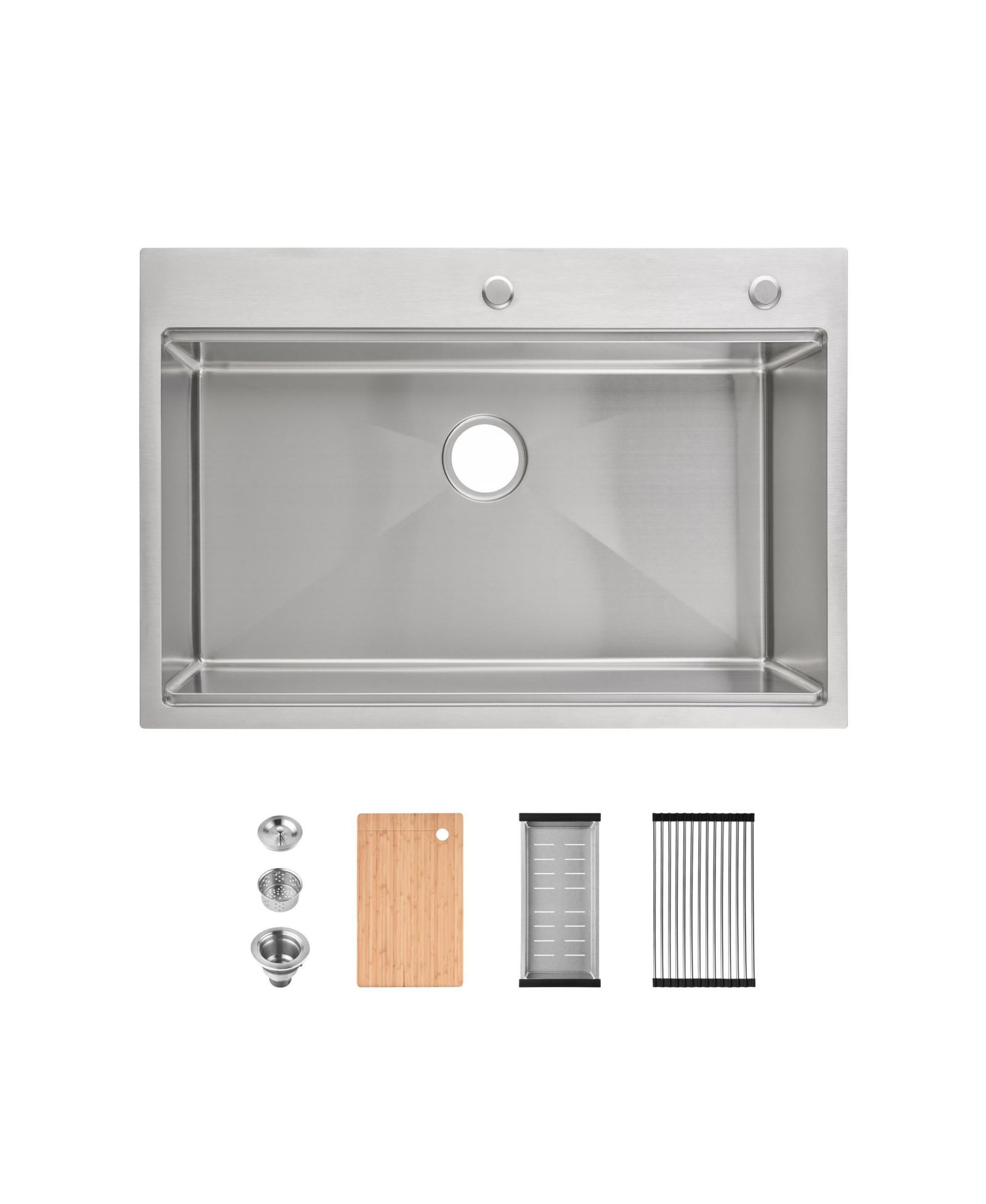 flynama 33inch Overmount Single Bowl Brushed 304 Stainless Steel Kitchen Sink SS-BR01D-332208 with Cutting Board Roll out Basket