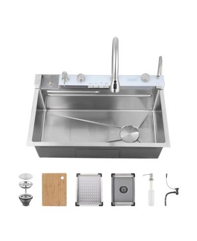 flynama Smart Waterfall Kitchen Sink Single Bowl Pull Out Faucet 304 Stainless Steel