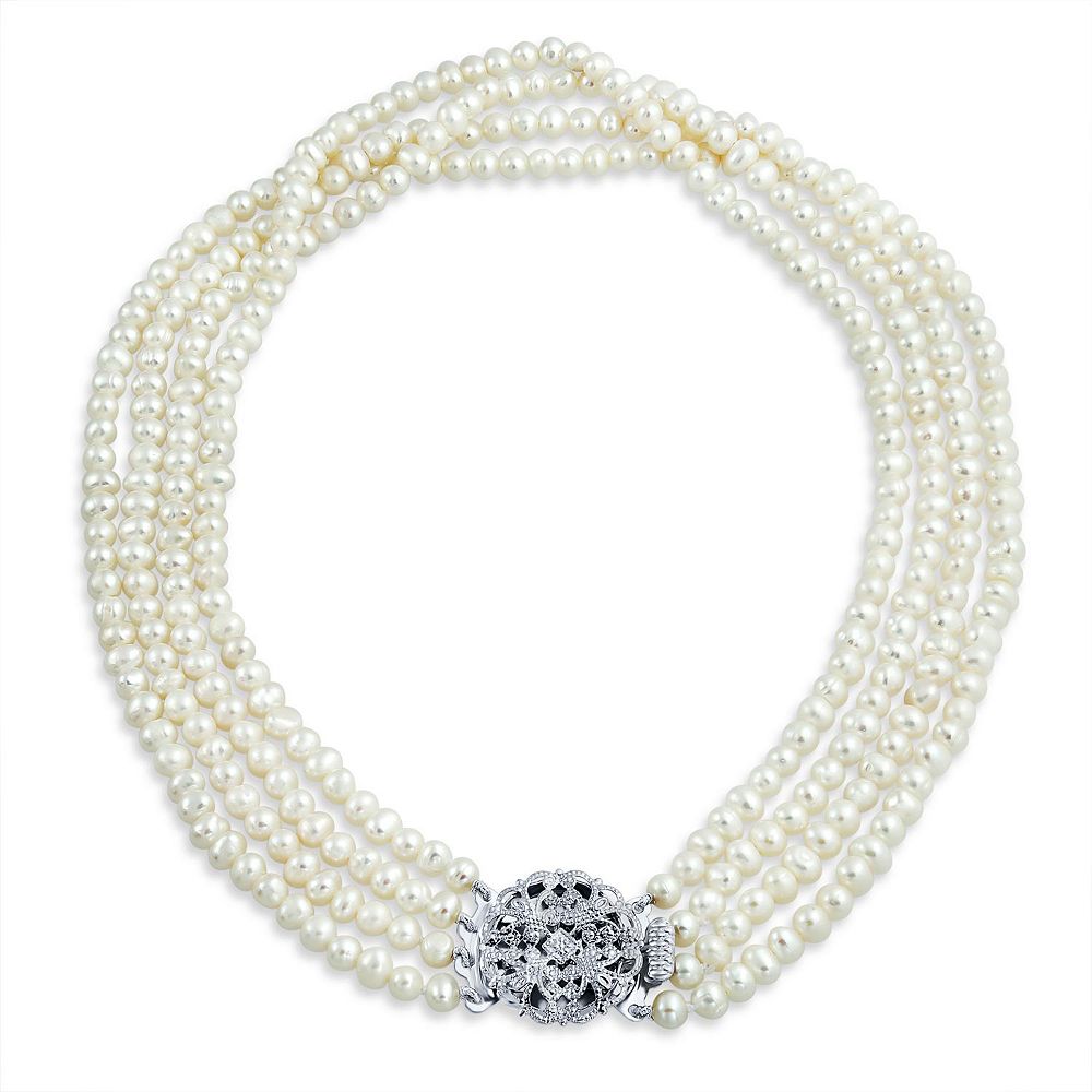 Bling Jewelry Art Deco Style White Freshwater Cultured Pearl Statement Multi Strand Necklace Floral Clasp