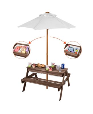 Mecale Kids Picnic Table with Umbrella, 3-in-1 Sand and Water Table, Wooden Table and Bench Set with 2 Trays, Seats 4