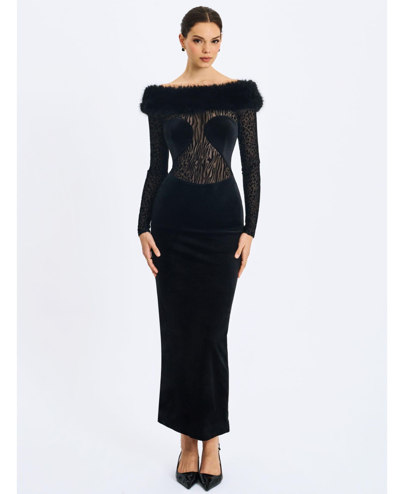 Женское платье Miss Circle Alexis Black Animal Print Fur Boatneck Maxi
