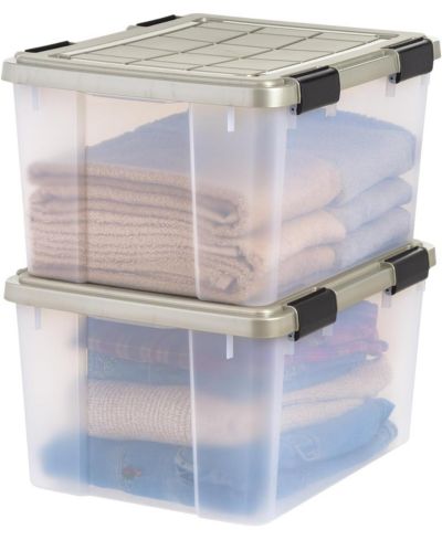IRIS 44 Qt Storage Bins with Gasket Seal Lid, Clear/Chrome, 2Pk
