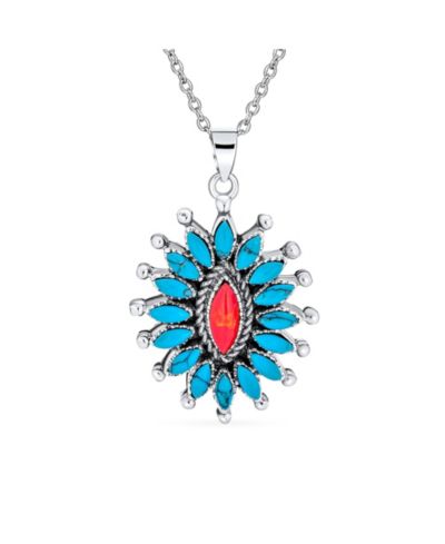 Bling Jewelry Southwestern Style Orange Blue Natural Turquoise Flower Blossom Necklace Pendant .925 Sterling Silver