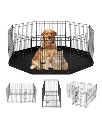 Dog Playpen, 8-Panel Foldable Metal Exercise Pen w/ Bottom Pad, 24 in H, Puppy Fence w/ Ground Stakes, Indoor/Outdoor