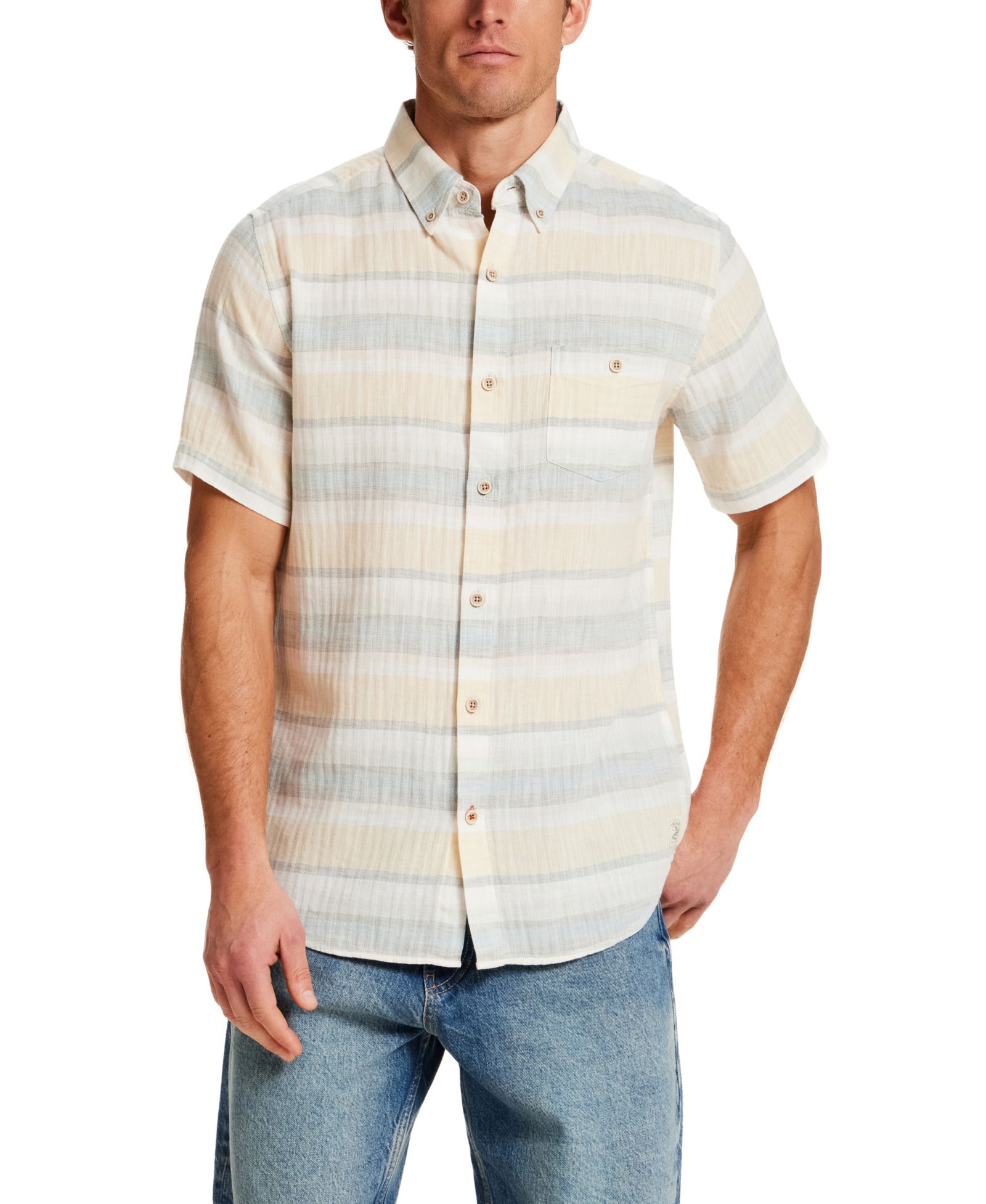 Weatherproof Vintage Men's Short-Sleeve Button Down Herringbone Horizontal Stripe Cotton Shirt