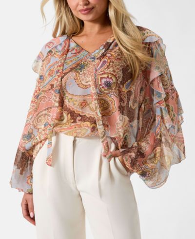 GUESS Женский топ с V-образным вырезом и рюшами Paisley