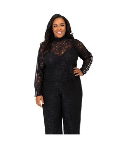 Plus Size водолазка Poetic Justice Curvy Black Lace Stripe Snap Cuff Zip