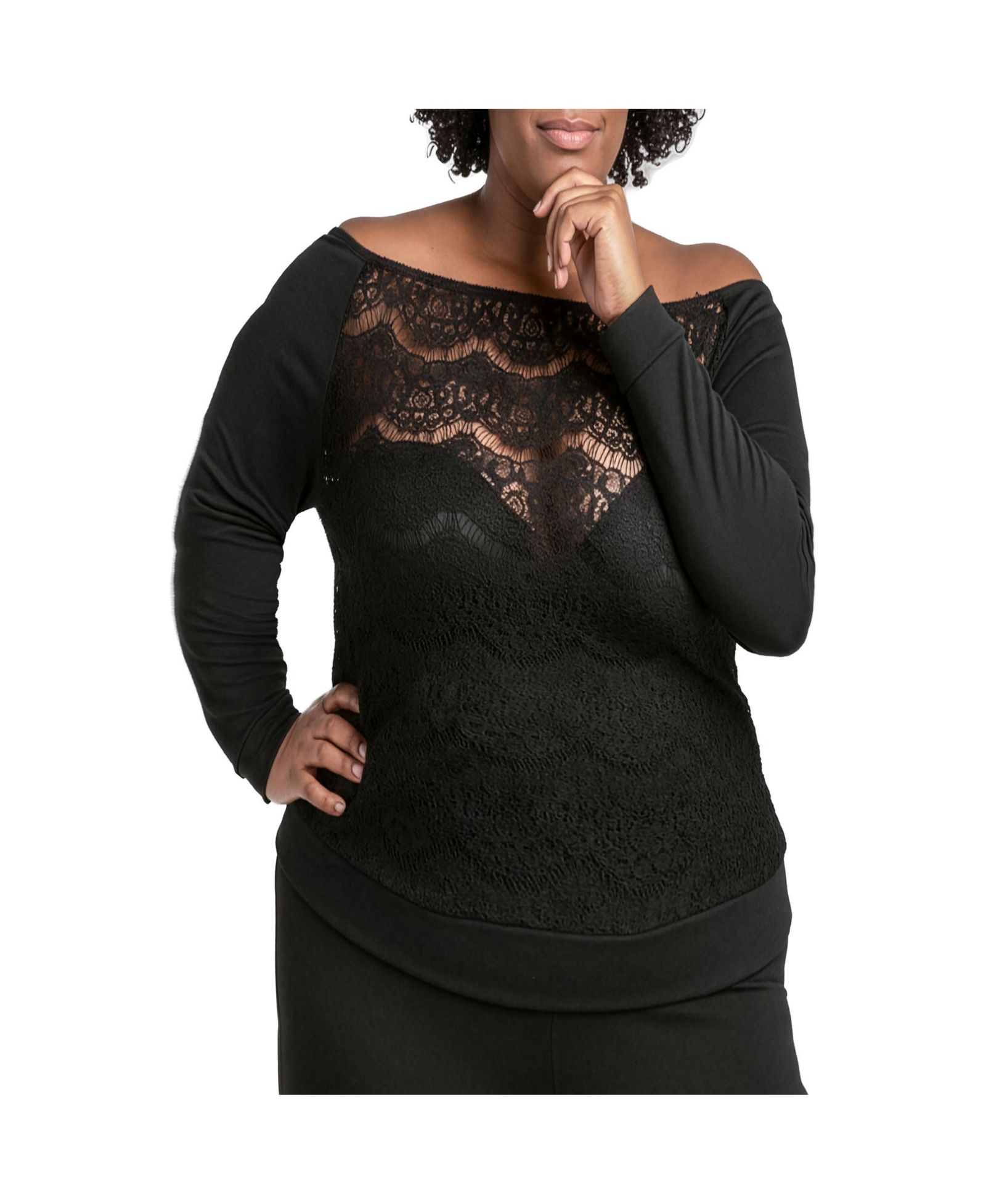 Poetic Justice Plus Size Lace Ponte Boat Neck Blouse Tops