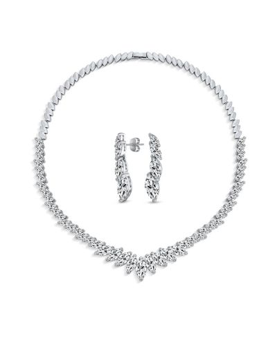 Bling Jewelry Classic Marquise Leaf CZ Statement V Necklace Chandelier Earrings Jewelry Set