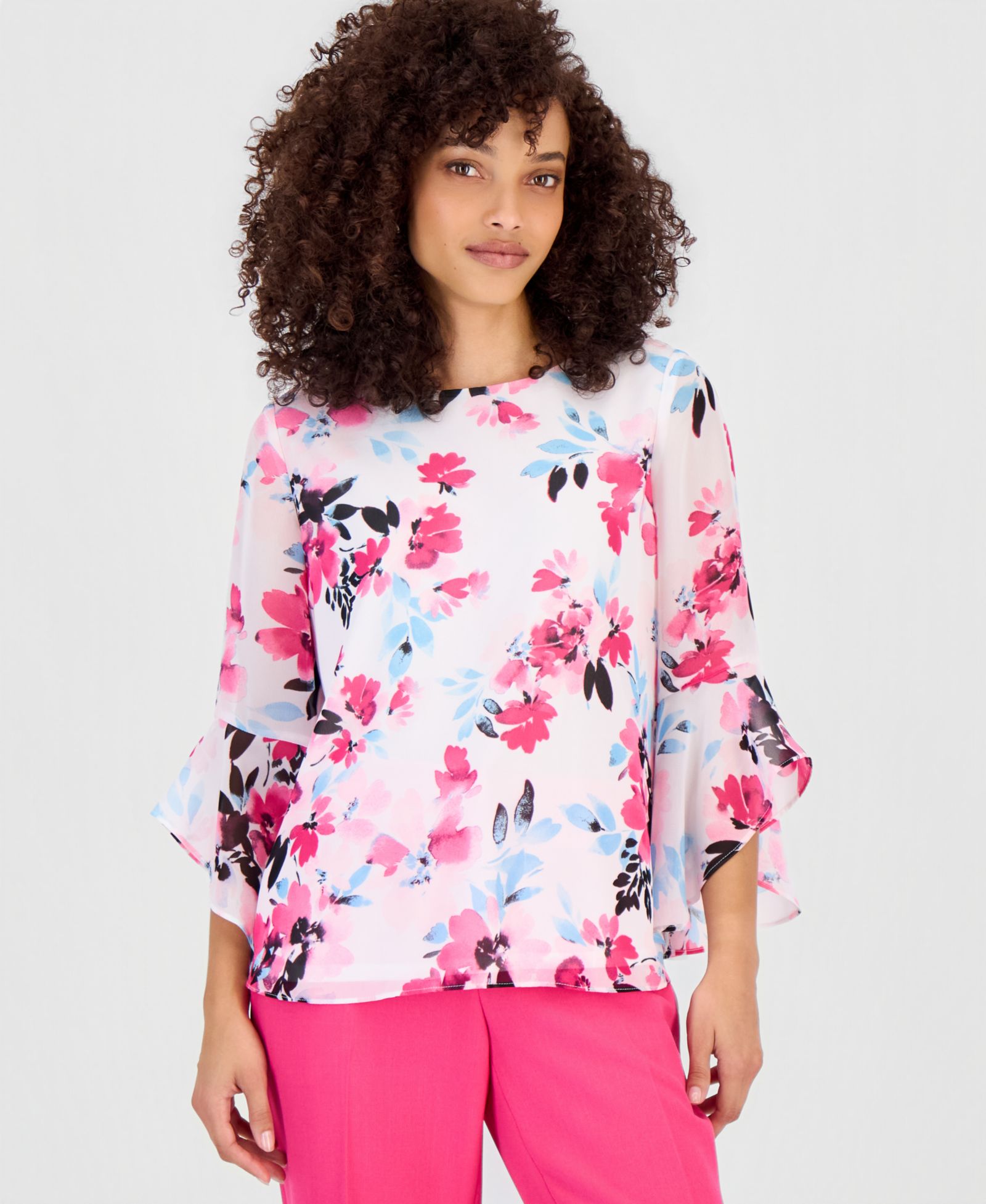 Kasper Petite Floral 3/4-Sleeve Ruffled-Cuff Blouse