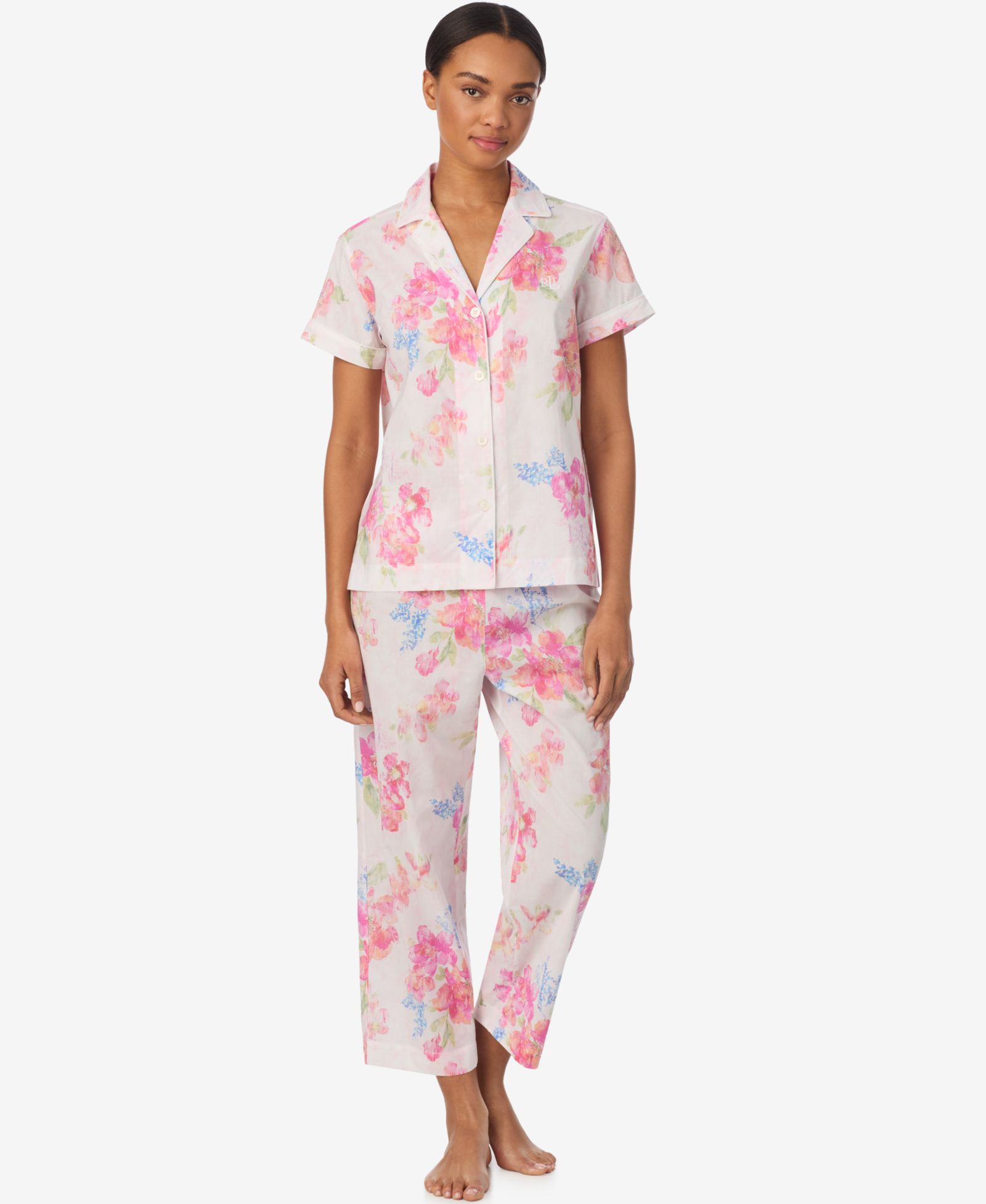 Lauren Ralph Lauren Women's Short-Sleeve Notch Collar Cropped Pant Pajama Set