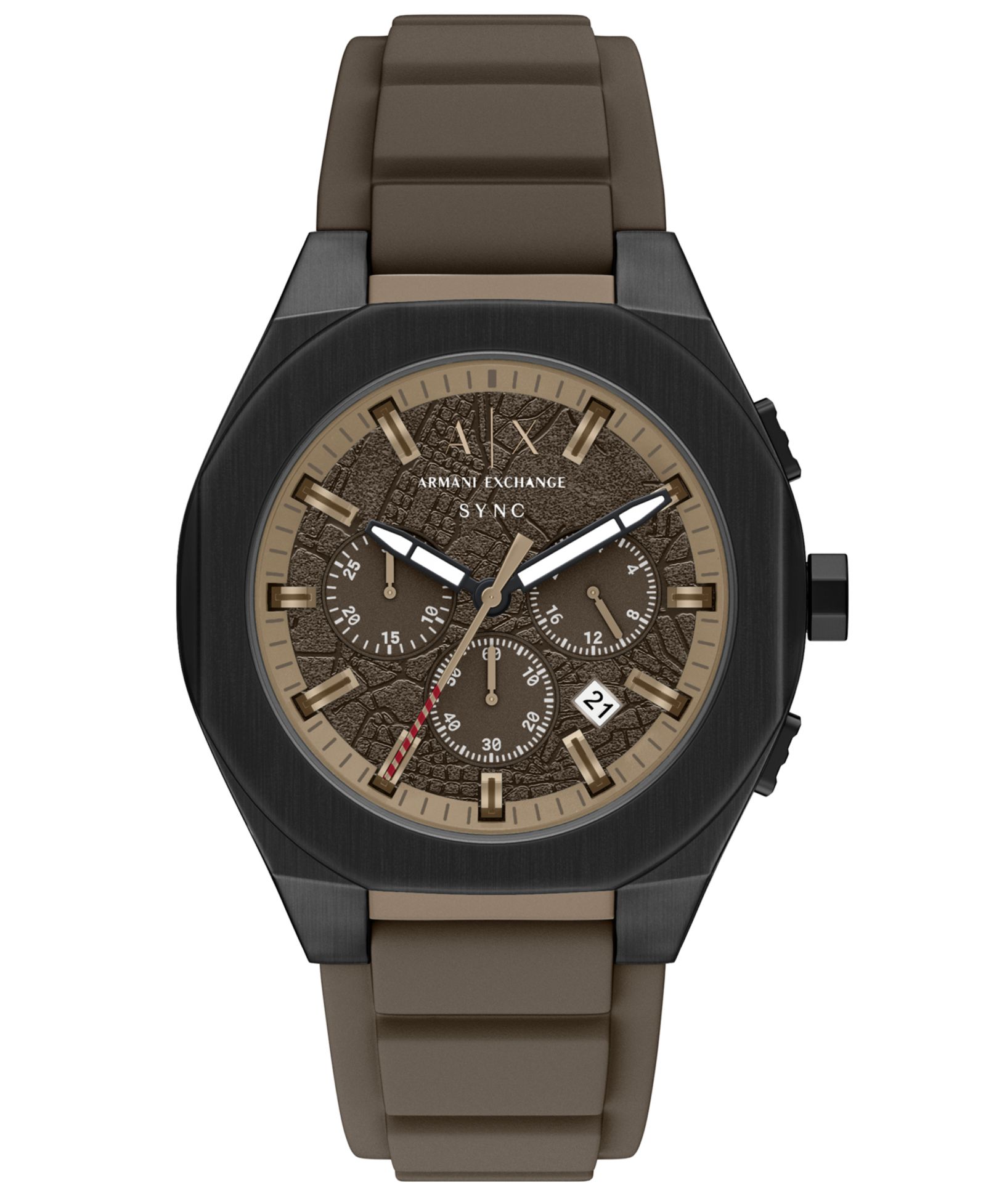 Мужские кварцевые хронограф часы Armani Exchange Sync, коричневый силиконовый ремешок, 44mm