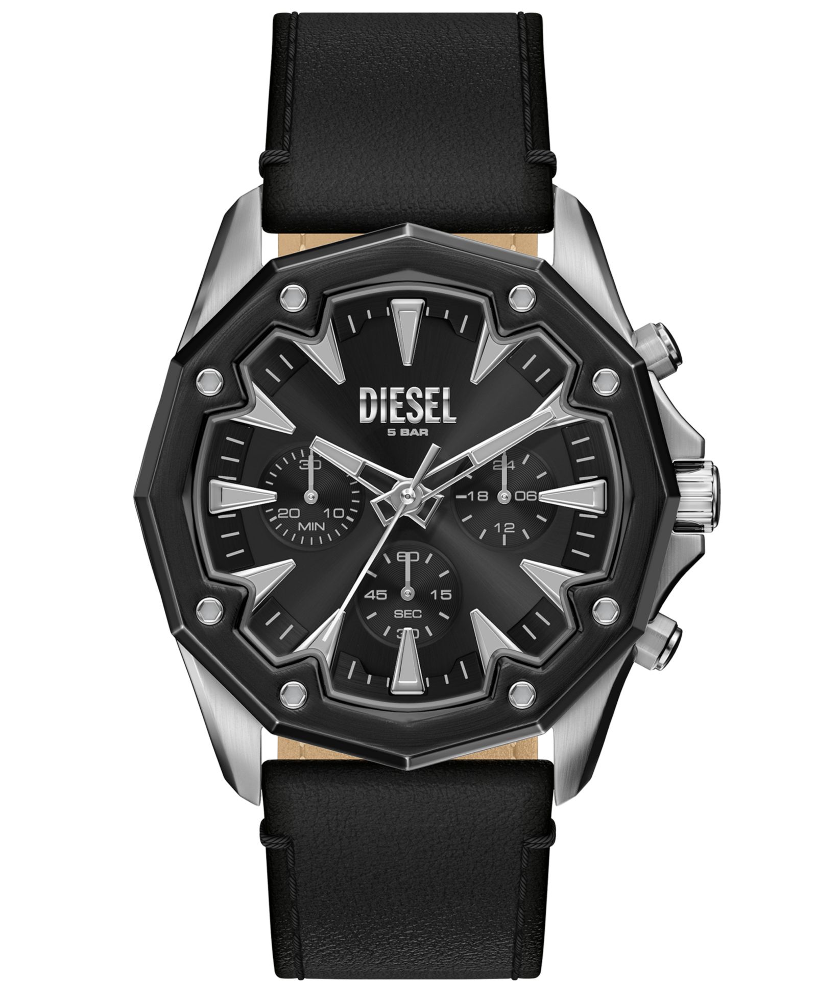 Мужские кварцевые часы Diesel Stinger Chronograph, черная кожа, 46mm